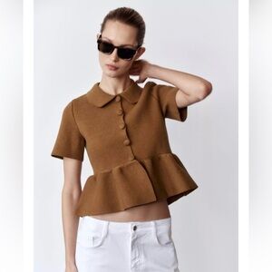 Zara Brown Button Down Crop Top with Peter Pan Collar